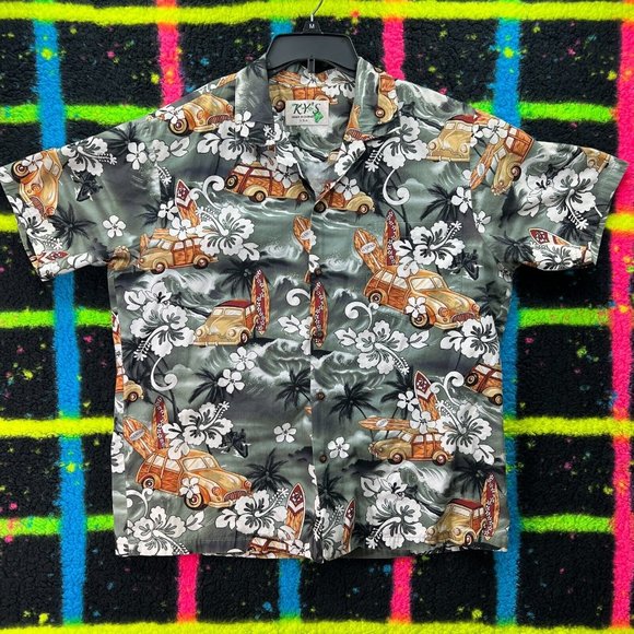 Ky's Hawaiian Woody Car Surf Cotton Button Front Shirt Mens Large Vintage L - Picture 1 of 10